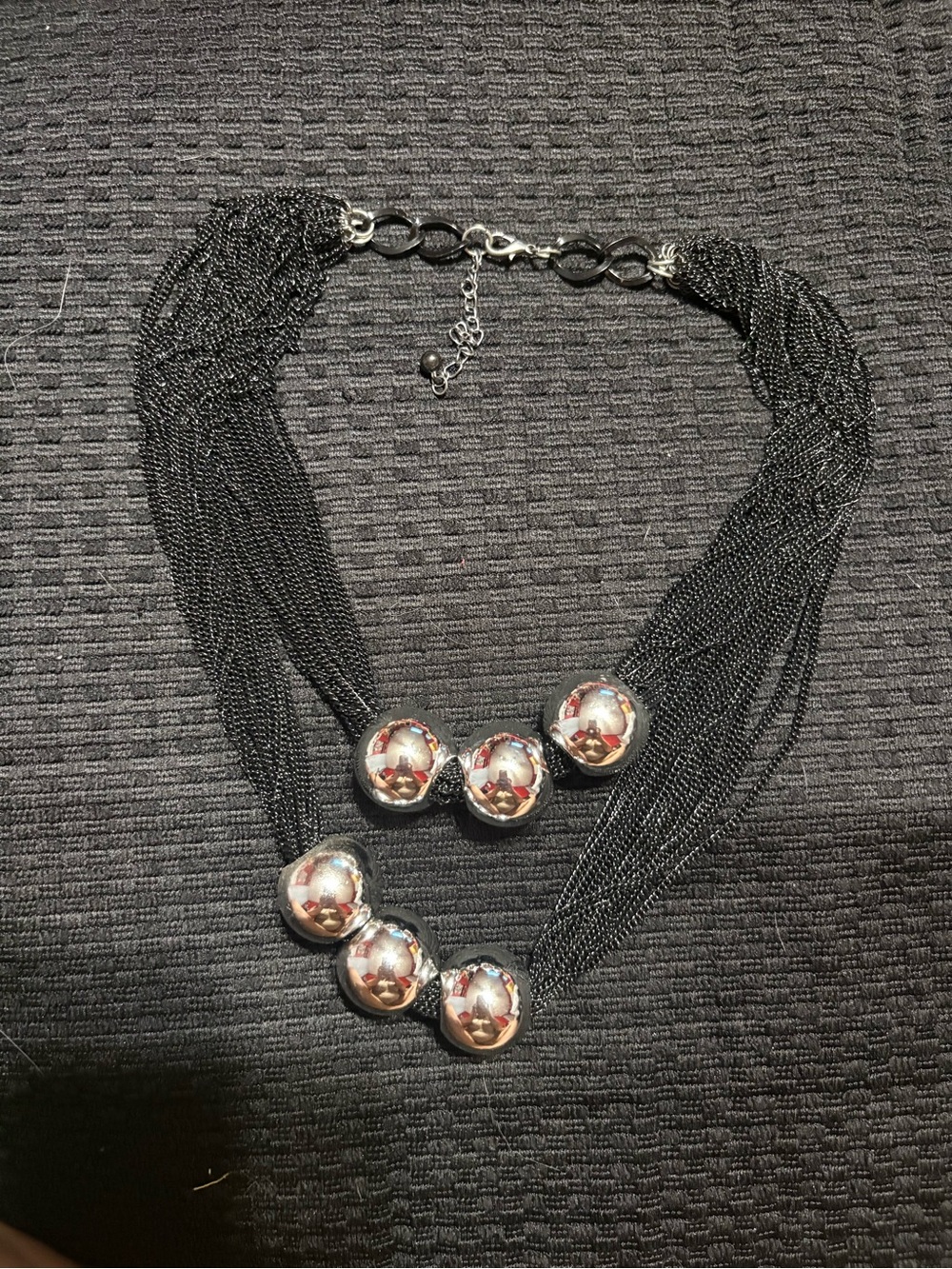 Silver Multi-Chain Statement Necklace with Metallic Beads